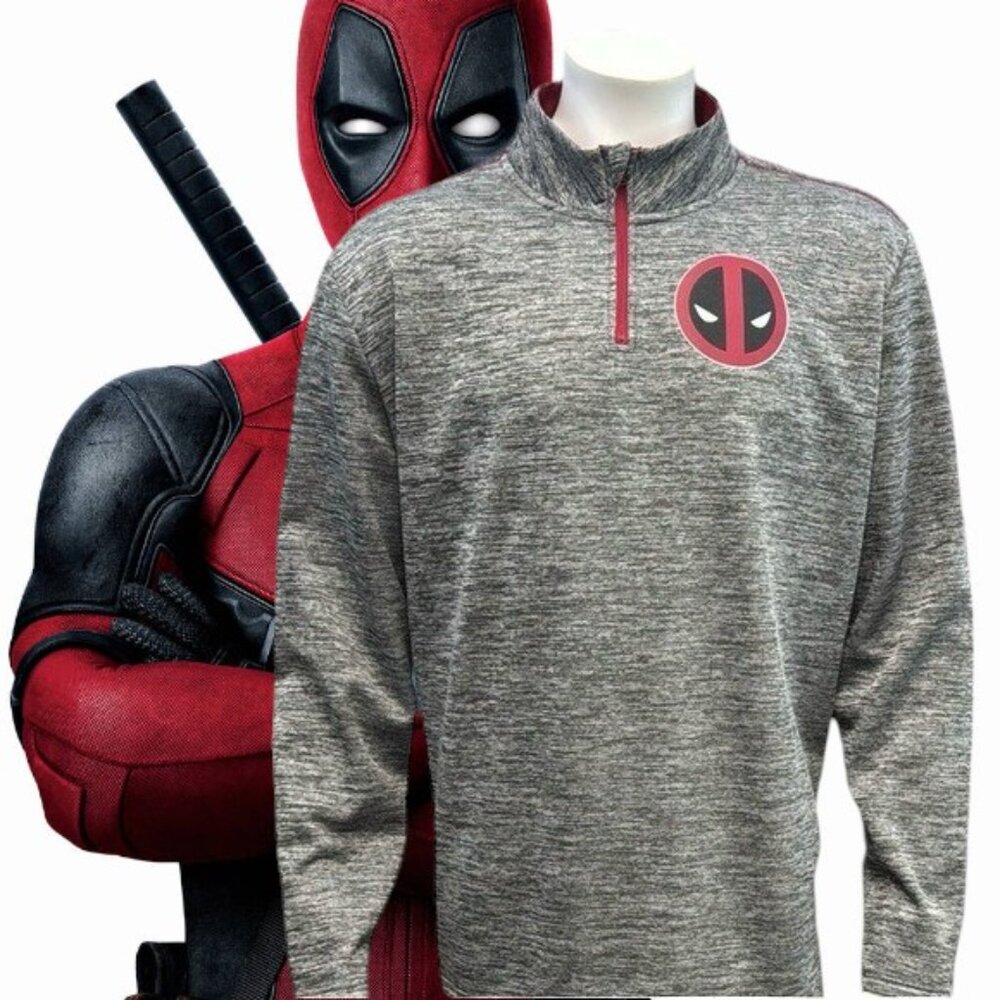 Marvel Deadpool 1/4 Quarter Zip Gray Pullover Fleece Sweatshirt Adult Size XXL
